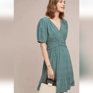 Anthropologie Maeve Keily Printed Belted Dress Green Short Sleeve Size 4